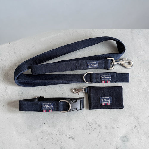 Collier Denim PopBrain en jean indigo recyclé Freitag — étiquette tissée Swiss Hand Made Lausanne
