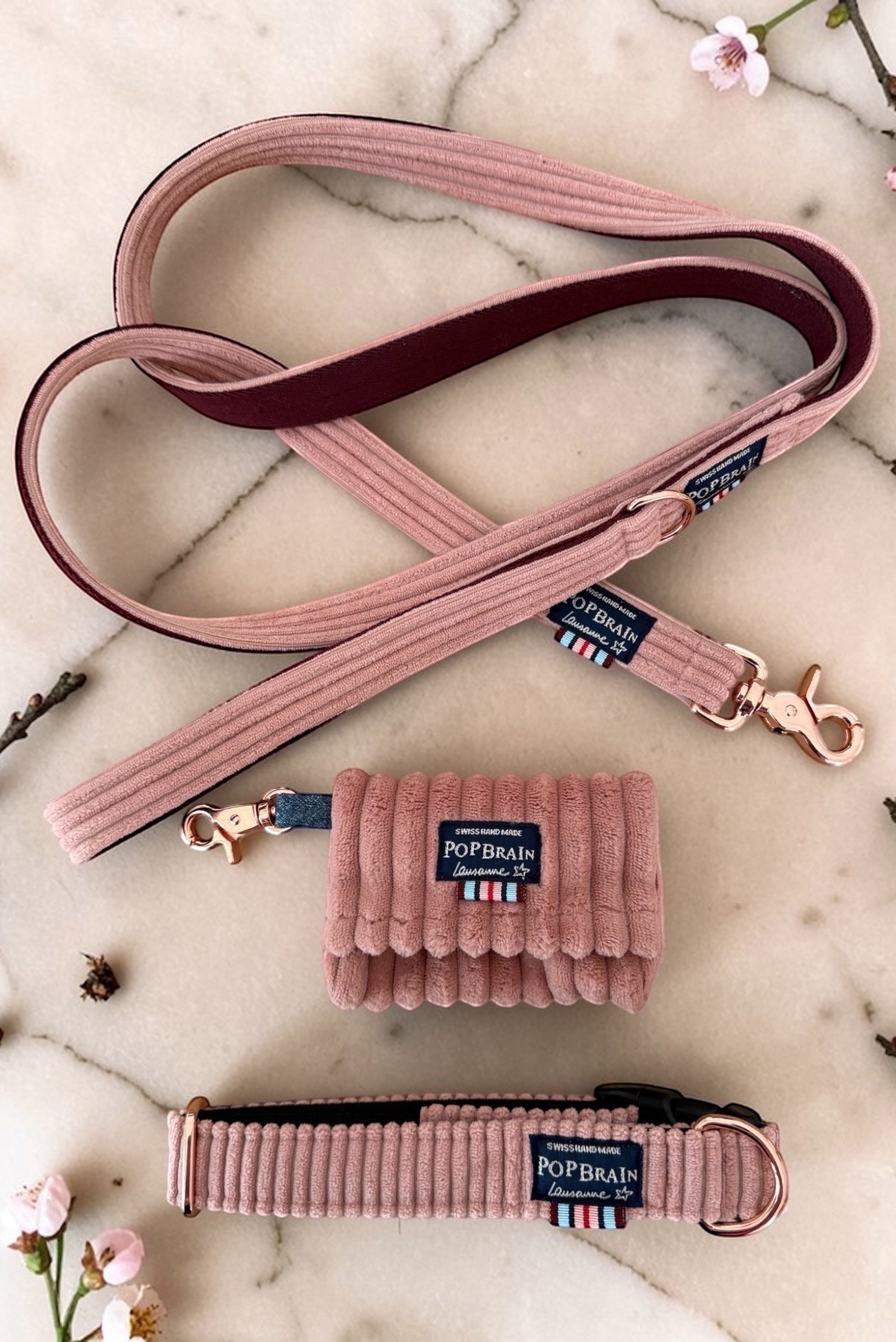 Set Candy PopBrain — sac à sachet, laisse et collier chien rose poudré quincaillerie or rosé