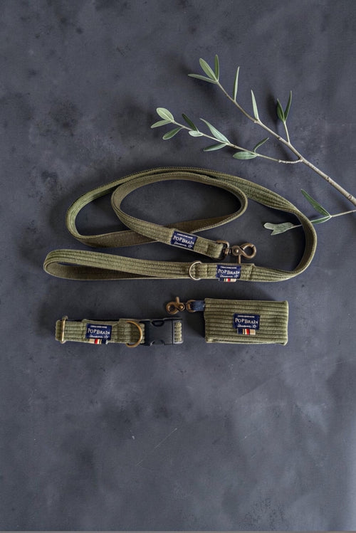 Collier Olive en velours côtelé kaki, quincaillerie bronze vieilli