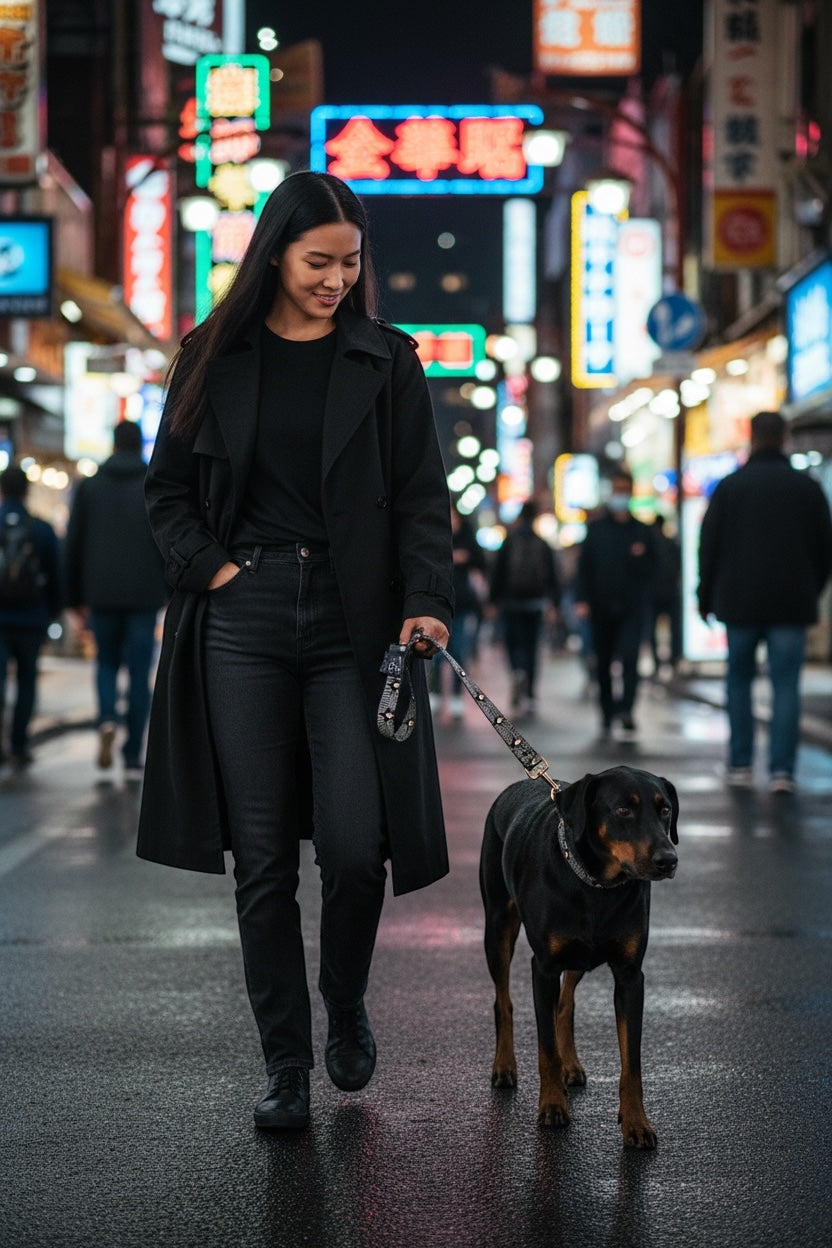 Collier Tokyo porté par un rottweiler en ville