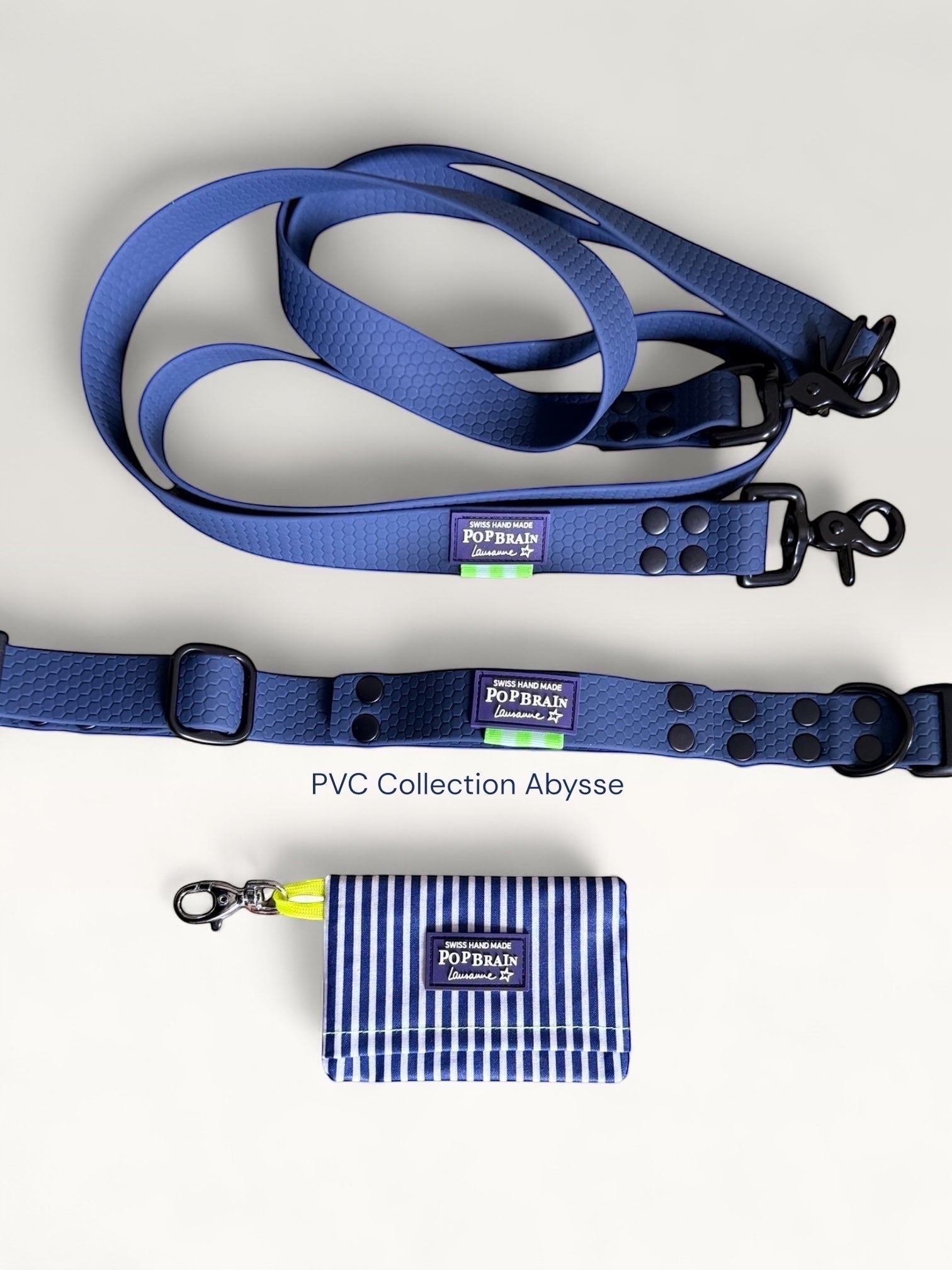 Popbrain blue PVC dog leash, collar, and striped waste bag holder set with honeycomb texture and black hardware.