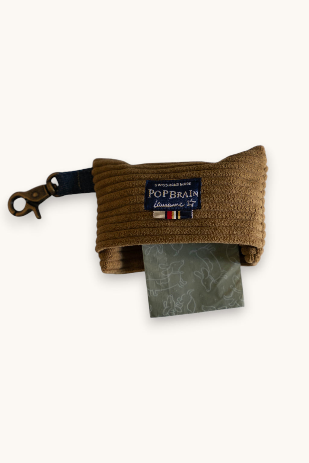 Popbrain camel corduroy dog waste bag dispenser with bronze clip, handmade in Lausanne.