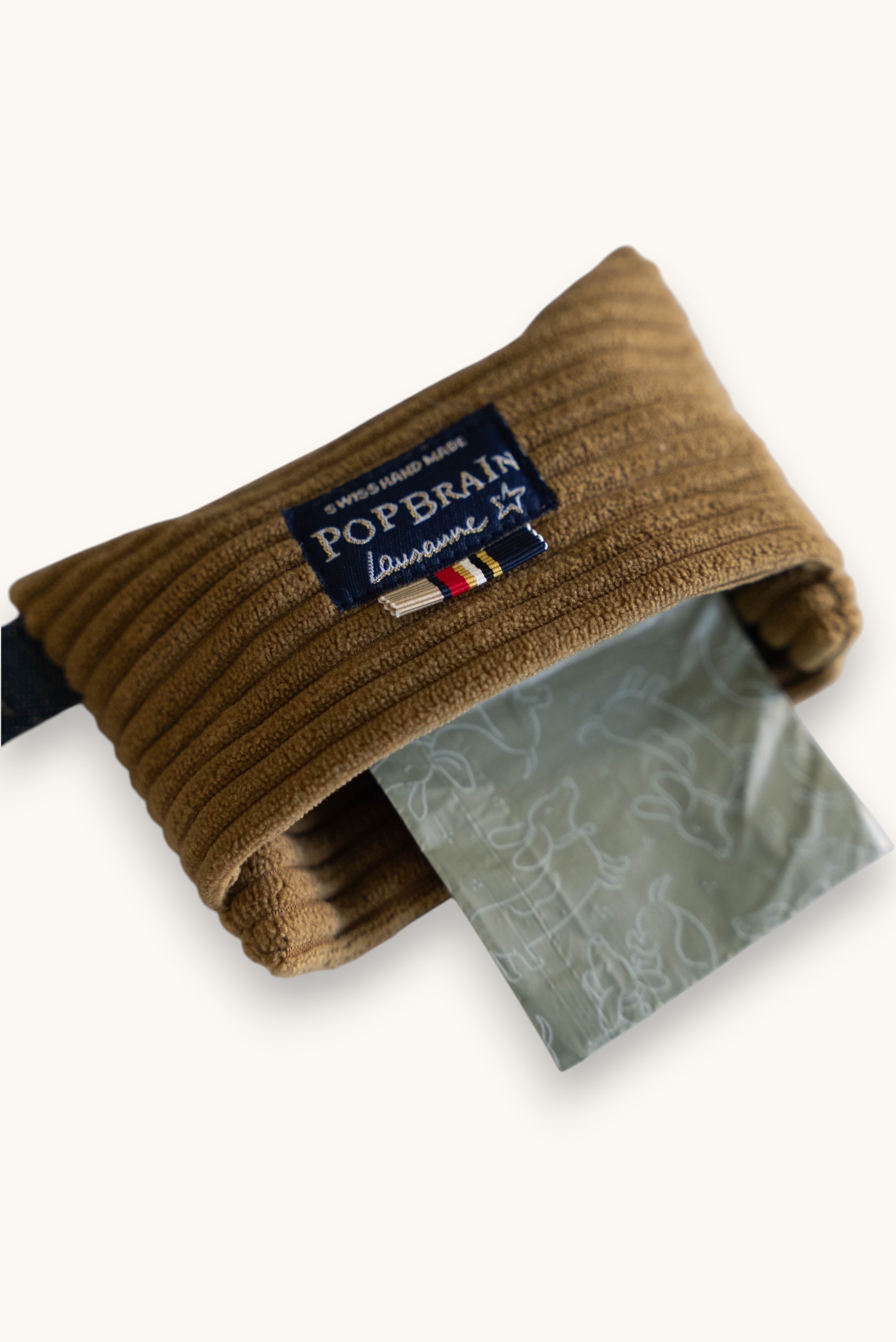 Popbrain camel corduroy dog waste bag dispenser with branded label and bronze clip