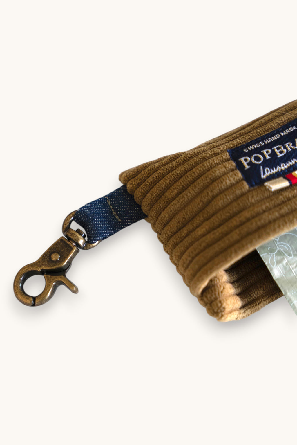 Popbrain camel corduroy dog waste bag holder with bronze carabiner clip for leash attachment