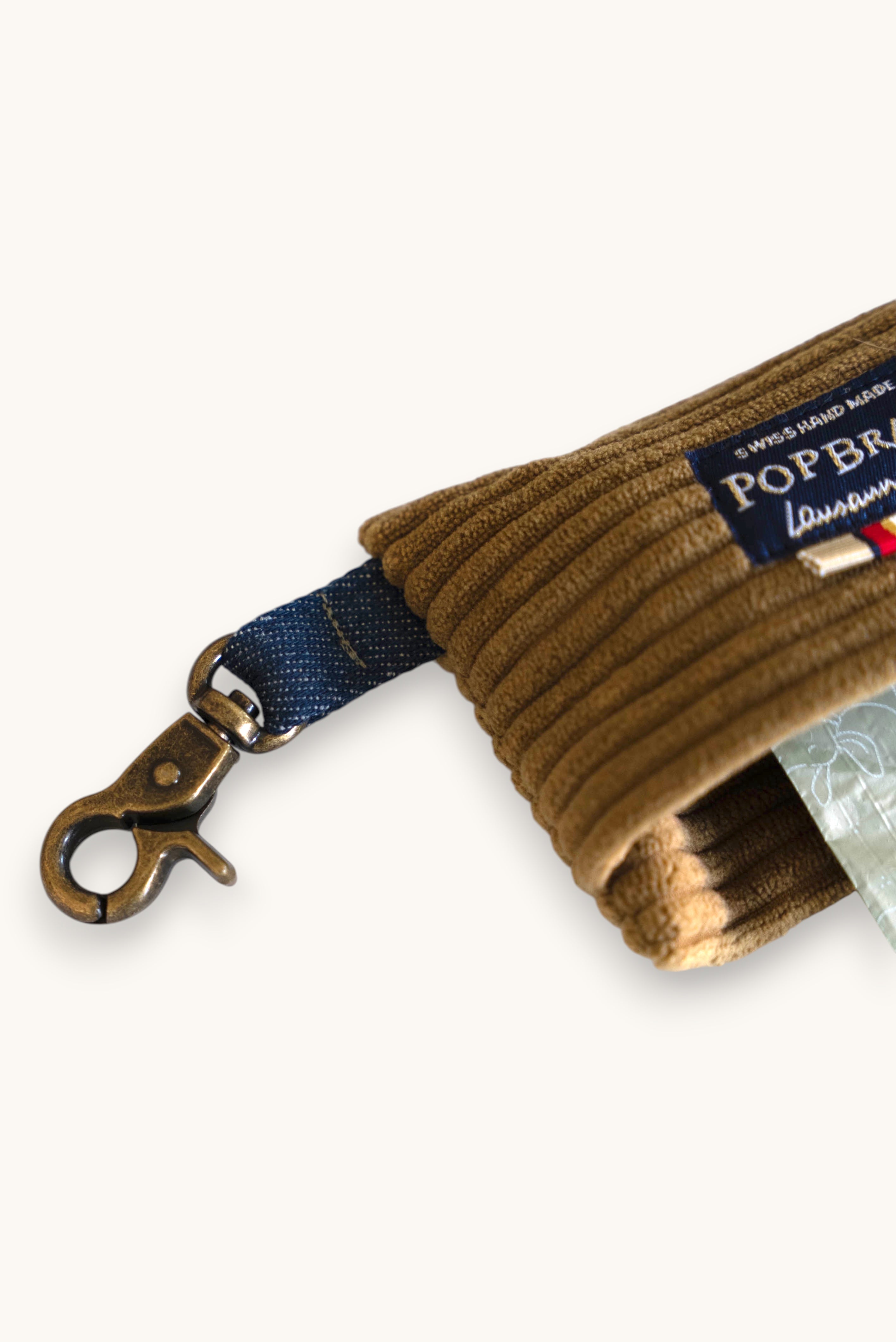 Popbrain camel corduroy dog waste bag holder with bronze carabiner clip for leash attachment