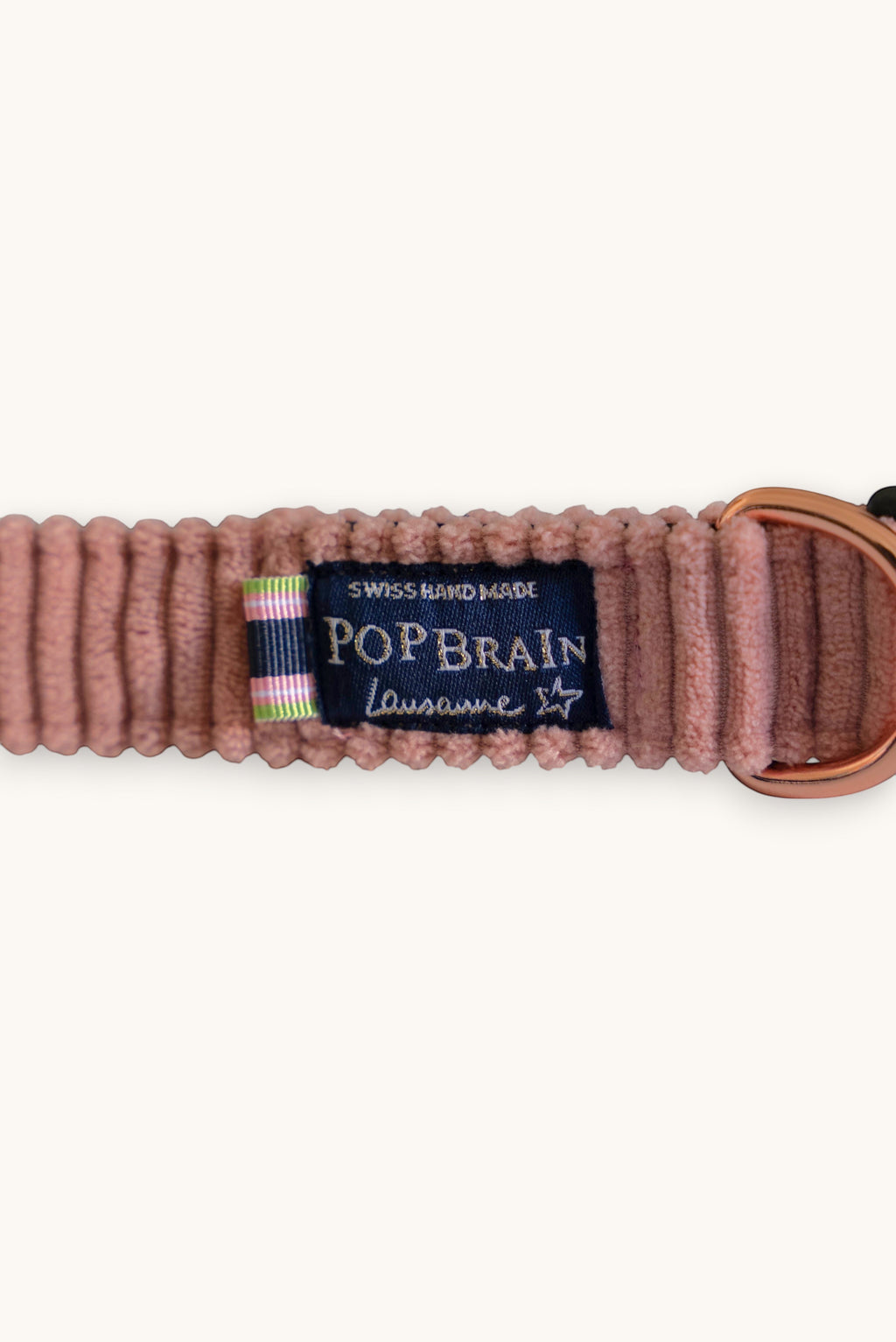 Popbrain Candy dog collar in dusty pink corduroy with rose gold hardware and Swiss handmade brand label