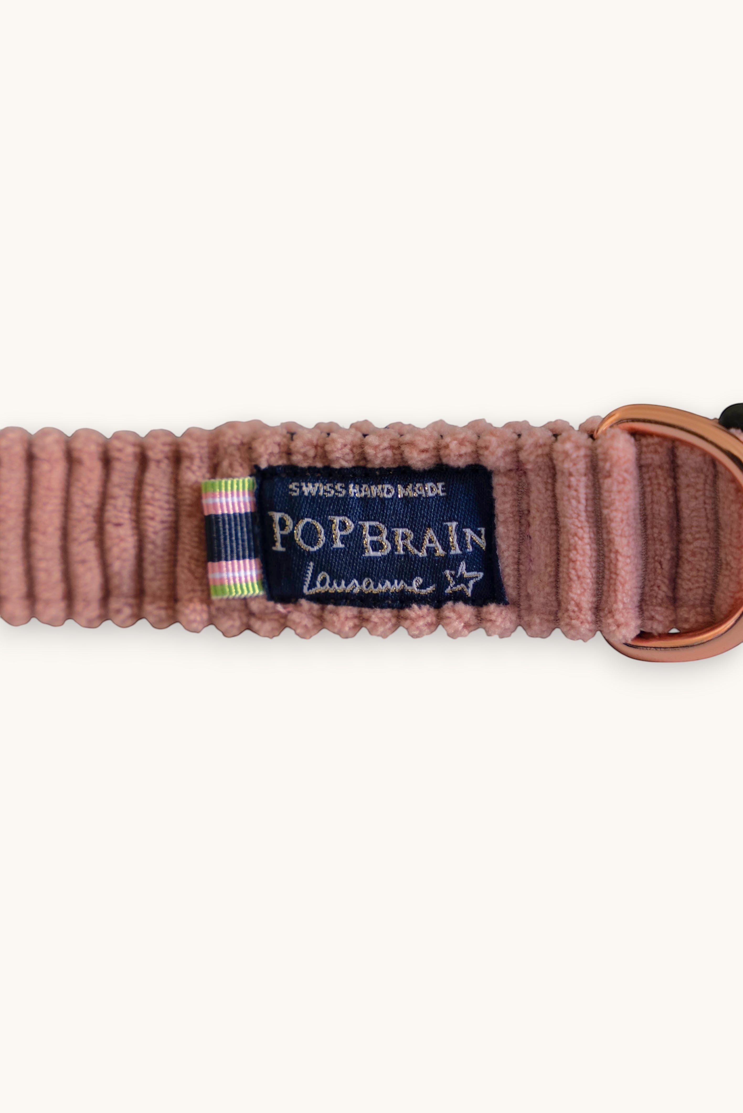 Popbrain Candy dog collar in dusty pink corduroy with rose gold hardware and Swiss handmade brand label