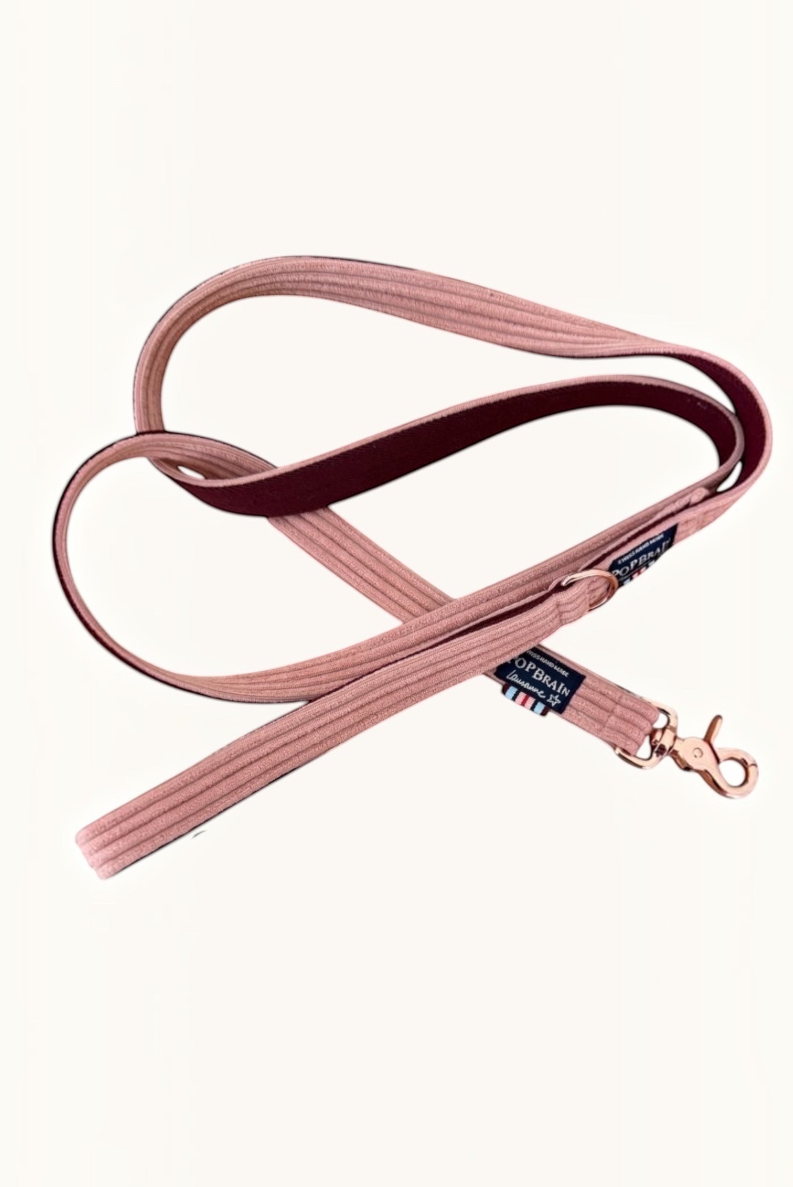 Popbrain Candy set featuring a dusty pink corduroy dog leash, collar, and waste bag holder with rose gold hardware.