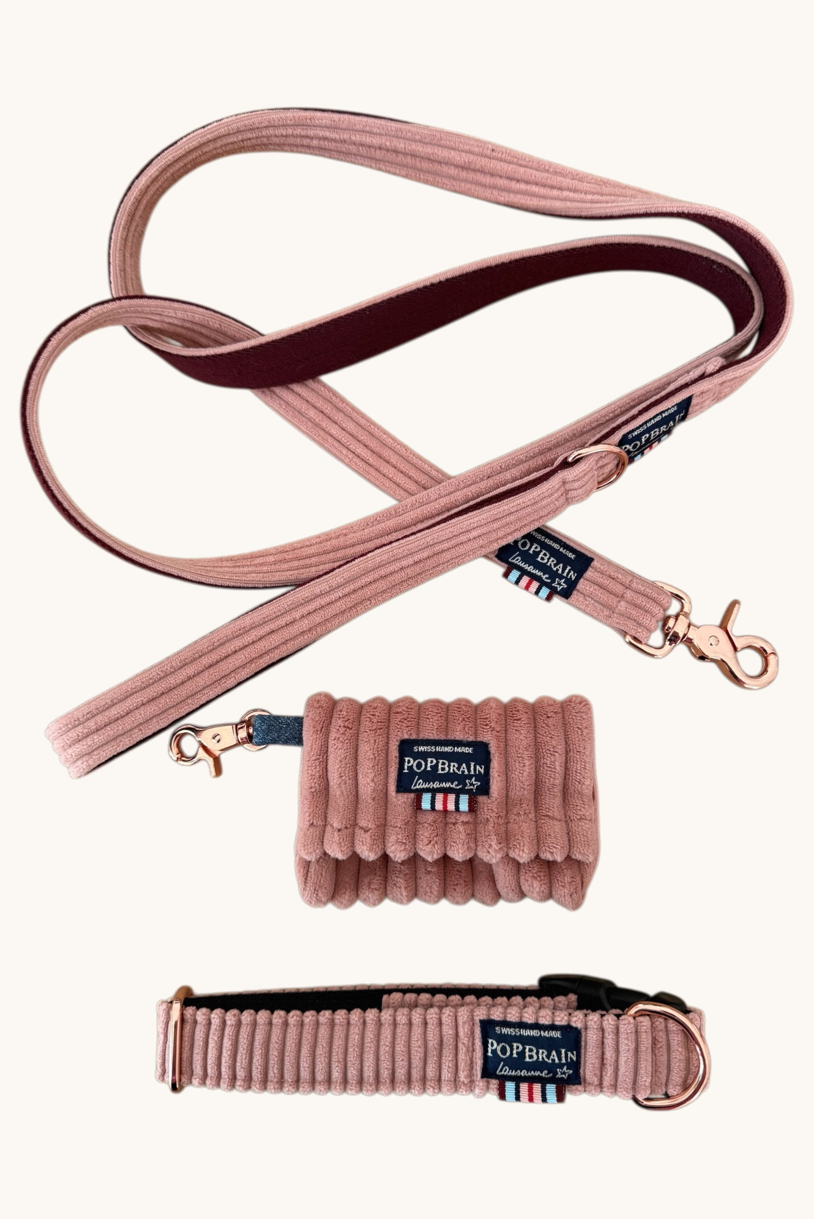 Popbrain Candy dog collar and matching accessory in dusty pink corduroy with rose gold hardware.
