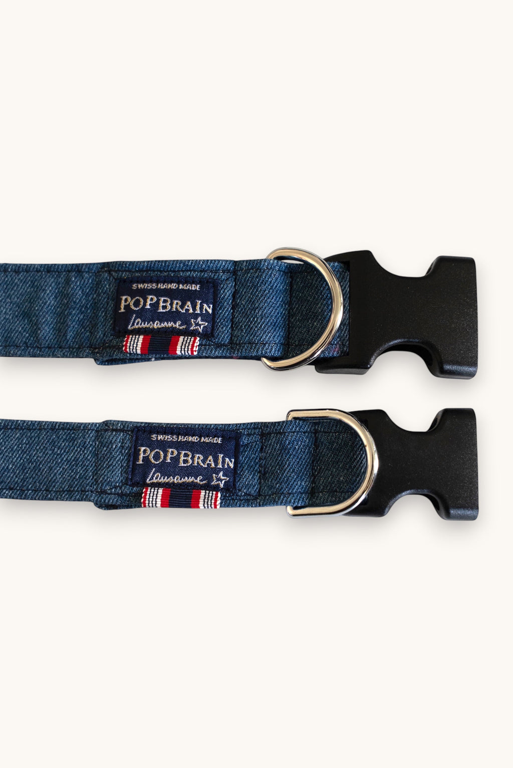 Popbrain handmade indigo denim dog collars with silver hardware and black acetal buckles on a white background