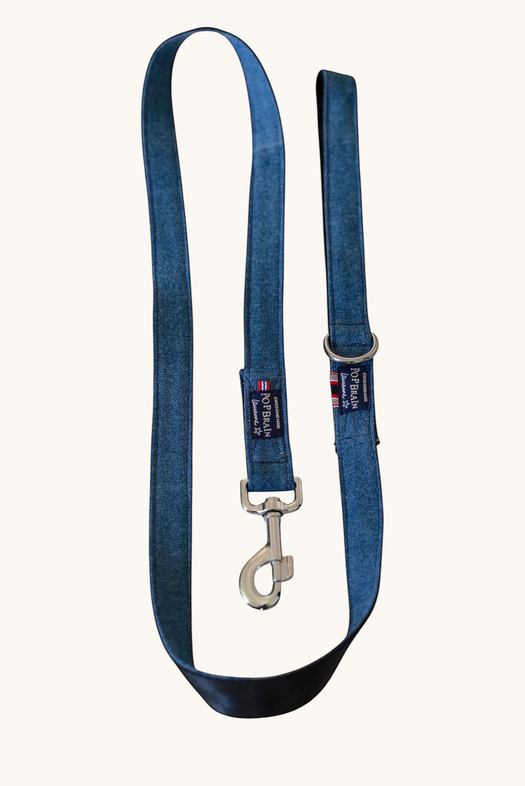 Popbrain indigo denim dog leash with silver hardware and durable seatbelt webbing, handmade in Lausanne.