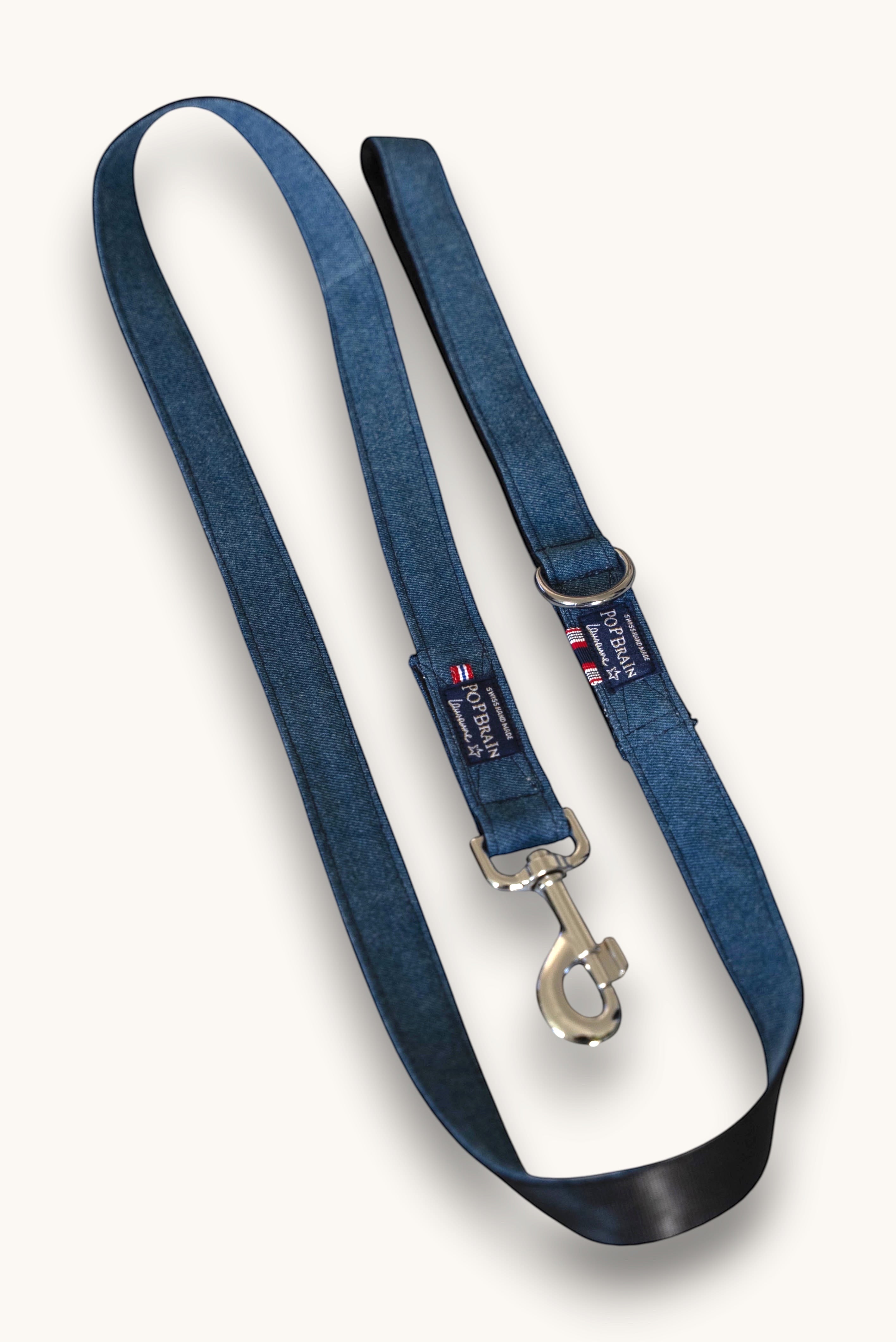 Popbrain indigo denim dog leash with a sturdy silver carabiner, handmade in Switzerland from recycled Freitag fabric.