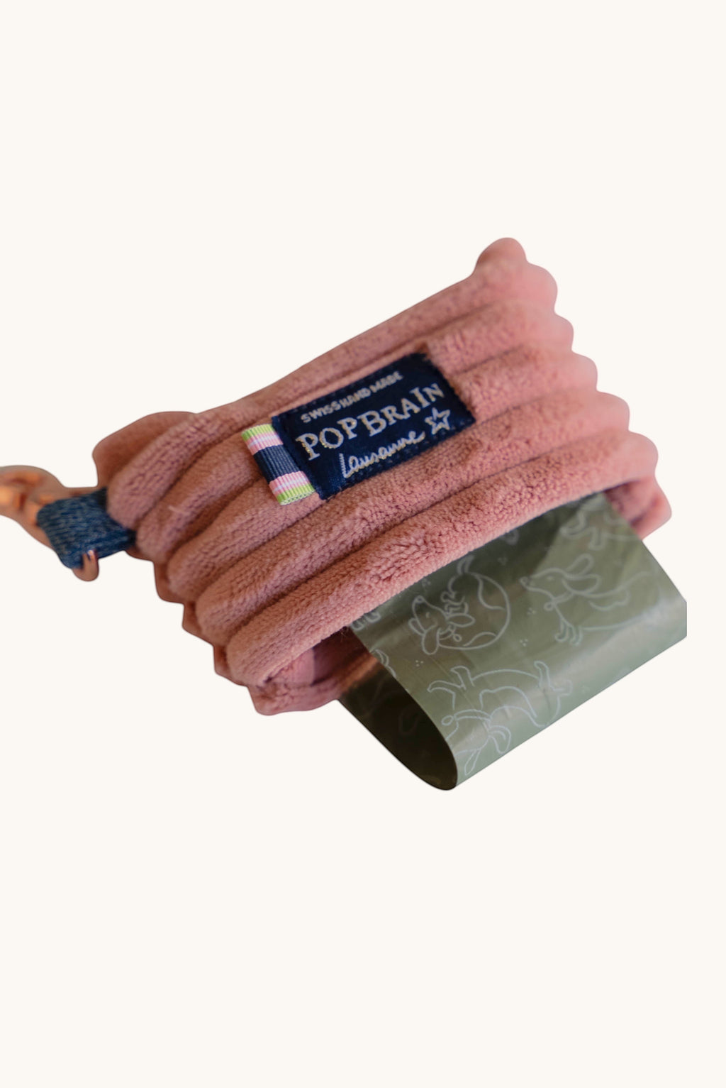 Popbrain powder pink corduroy dog waste bag dispenser with a metal clip and branded label