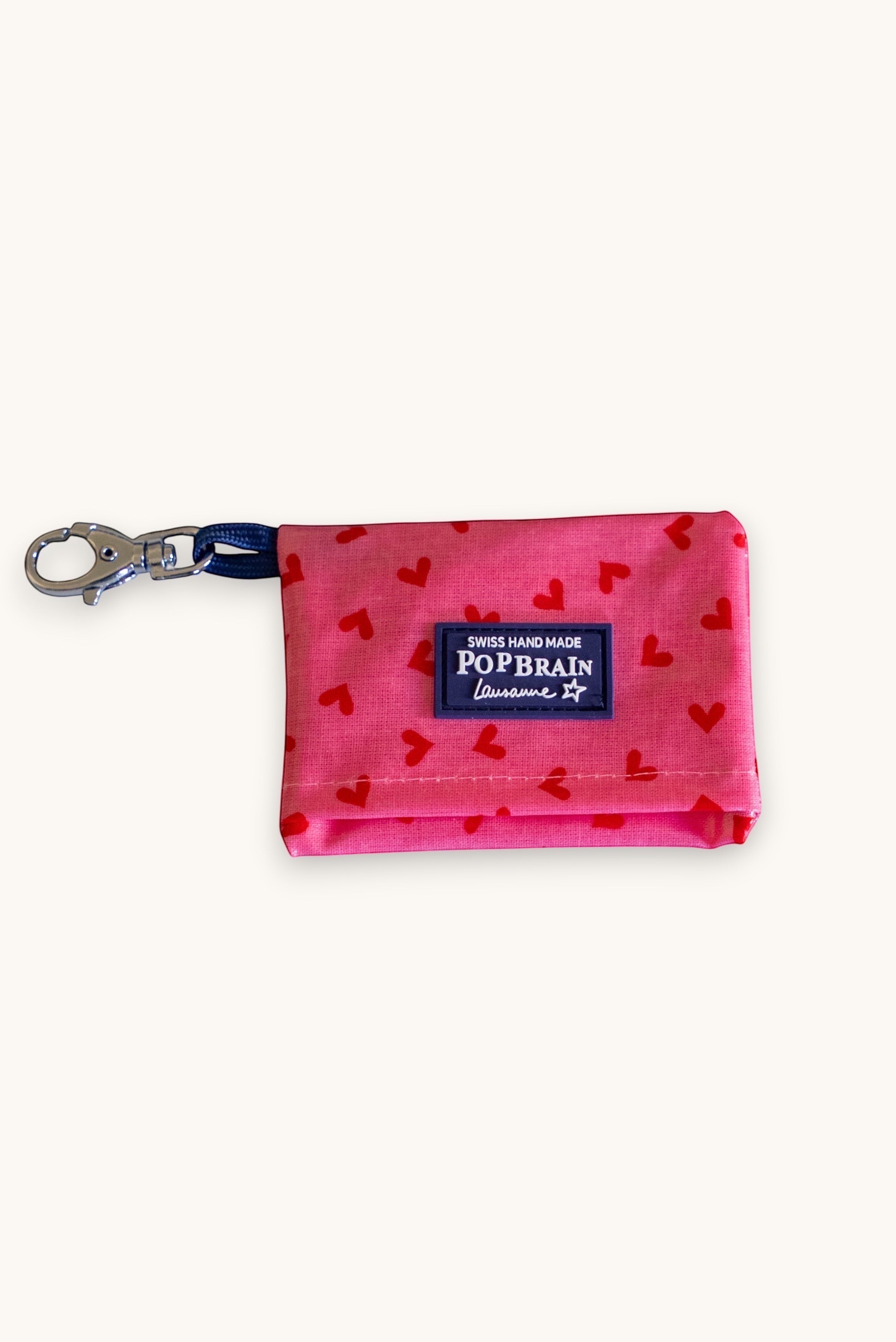 Popbrain waterproof pink PVC dog waste bag holder with red heart pattern and blue clip for leash attachment