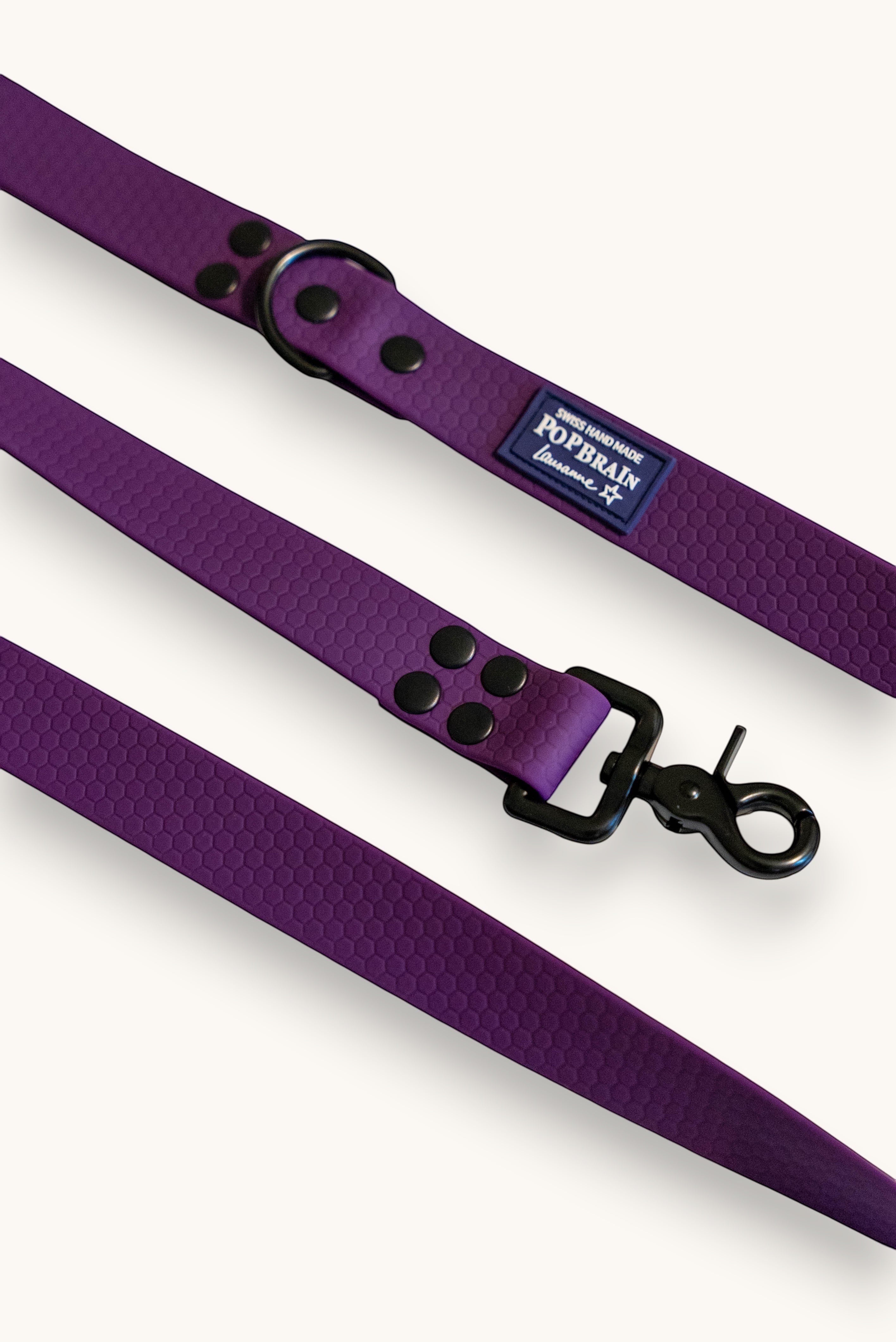 Popbrain purple waterproof PVC dog leash with honeycomb texture and matte black hardware, handmade in Switzerland.