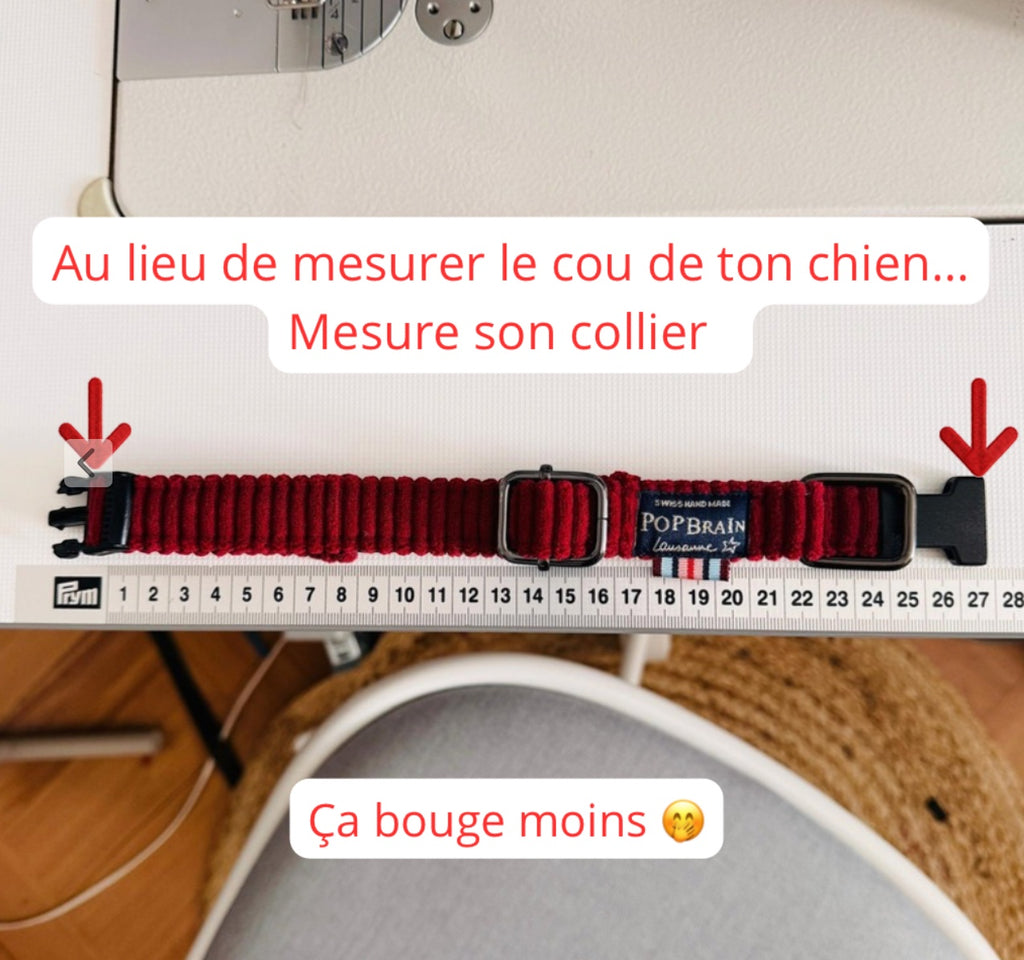 Popbrain handmade red fabric dog collar with silver hardware being measured on a ruler for size accuracy