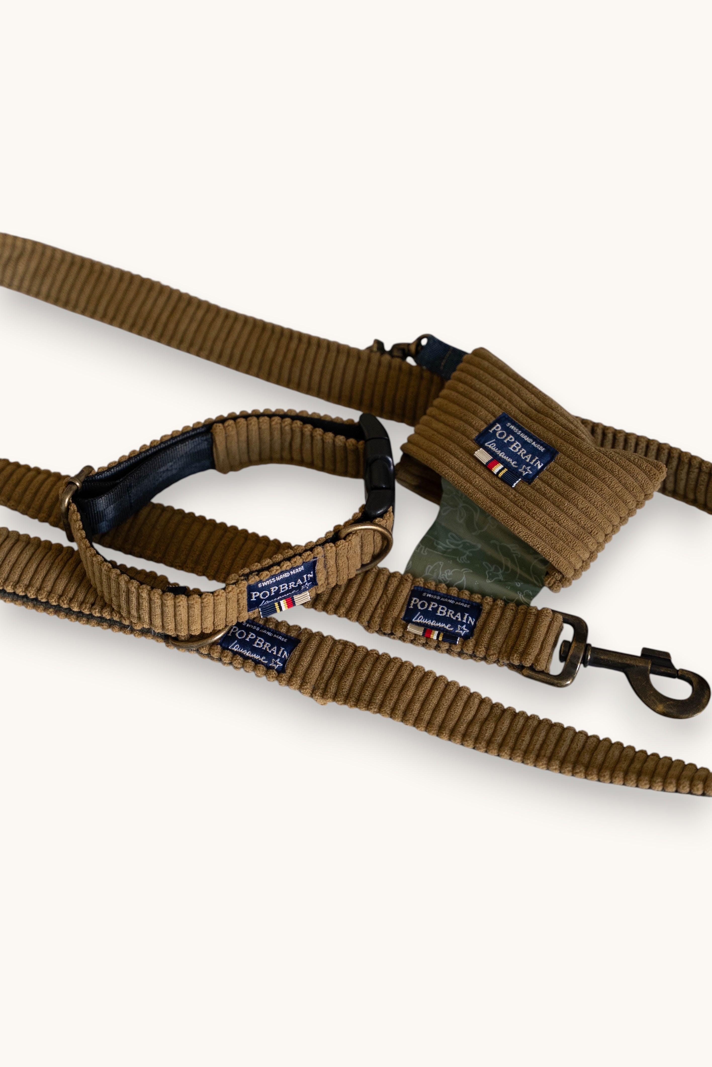 Popbrain Safari collection set featuring a camel corduroy dog collar, leash, and waste bag holder with bronze hardware.