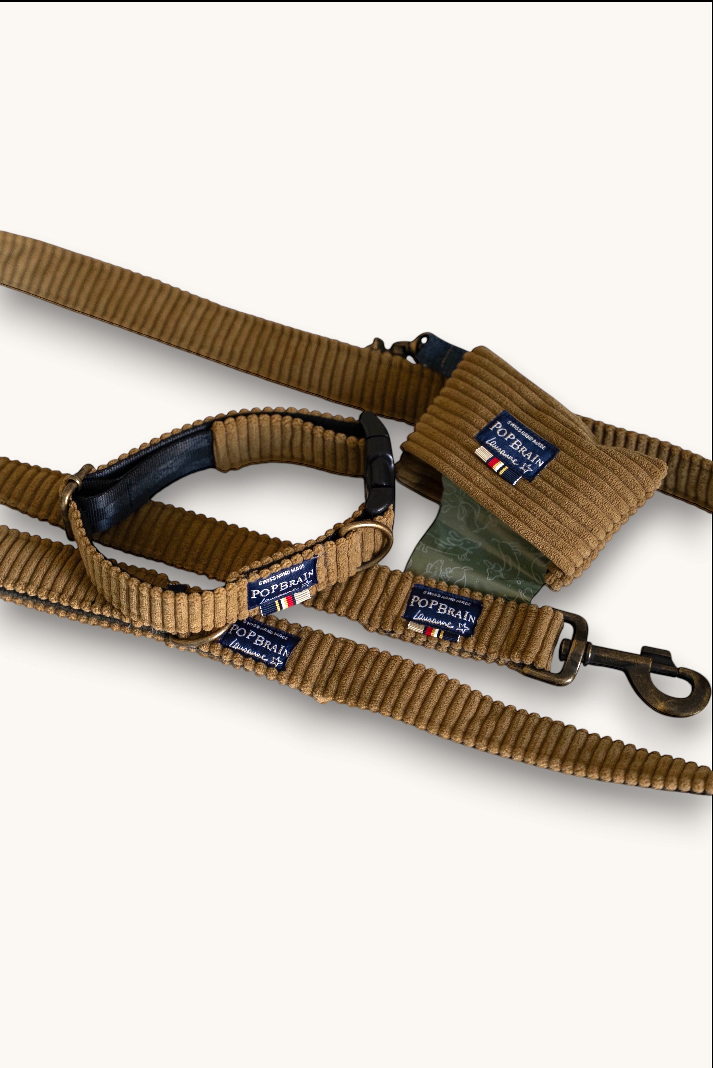 Popbrain Safari dog collar, leash, and waste bag holder set in camel corduroy with aged bronze hardware.