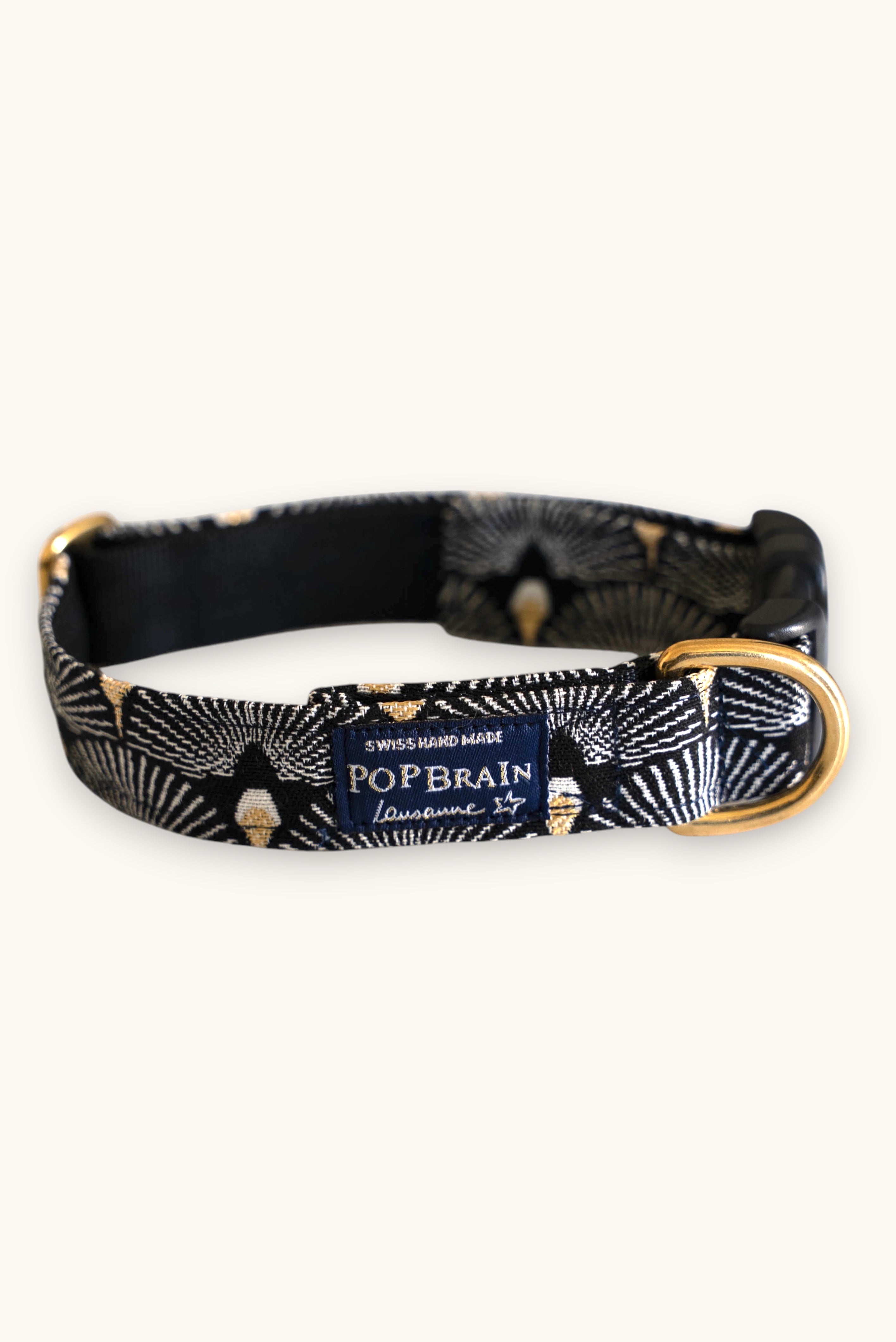 Popbrain Tokyo dog collar in black jacquard fabric with white and gold fan patterns and gold brass hardware.