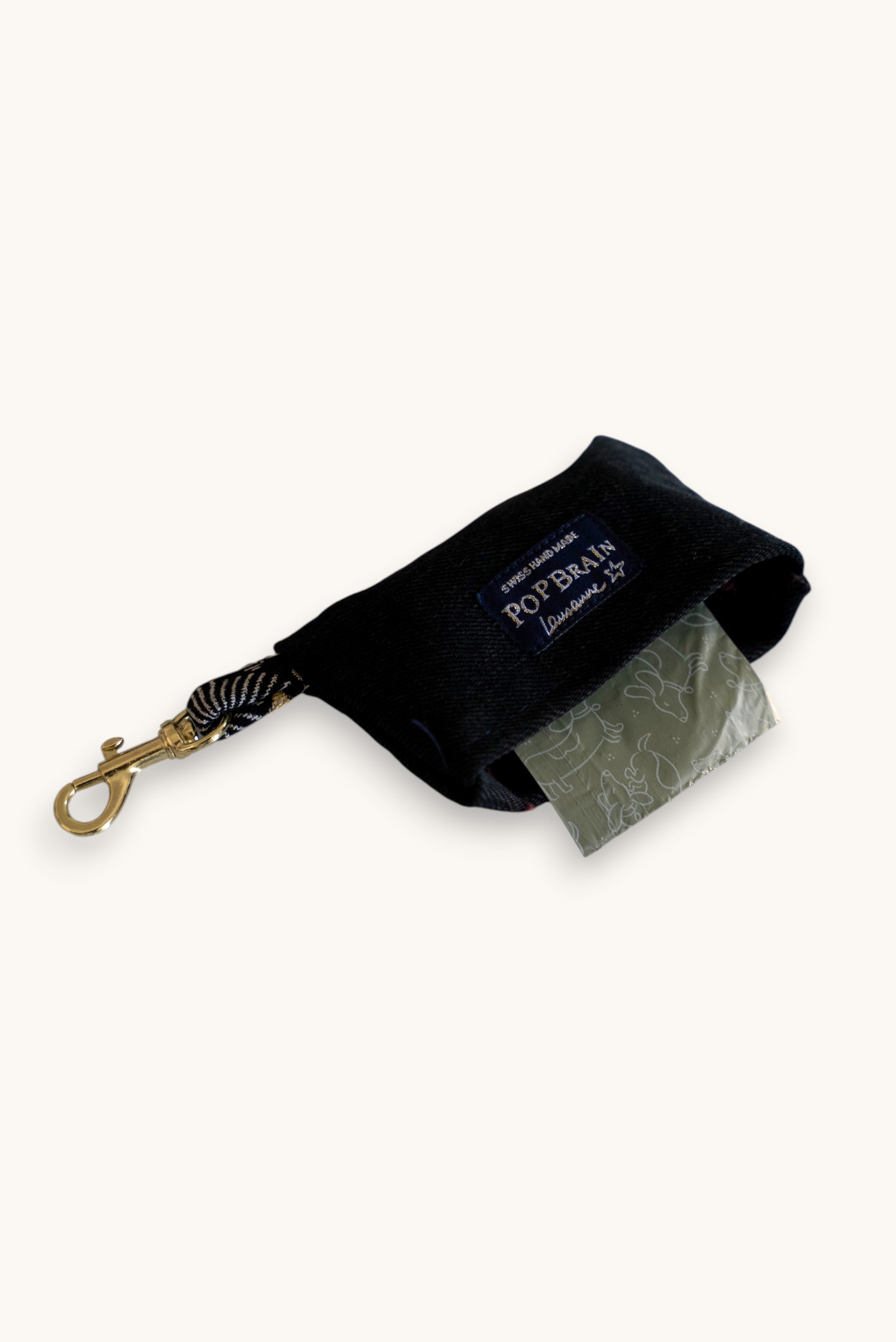 Popbrain Tokyo black faux leather dog waste bag dispenser with gold carabiner clip for leash attachment