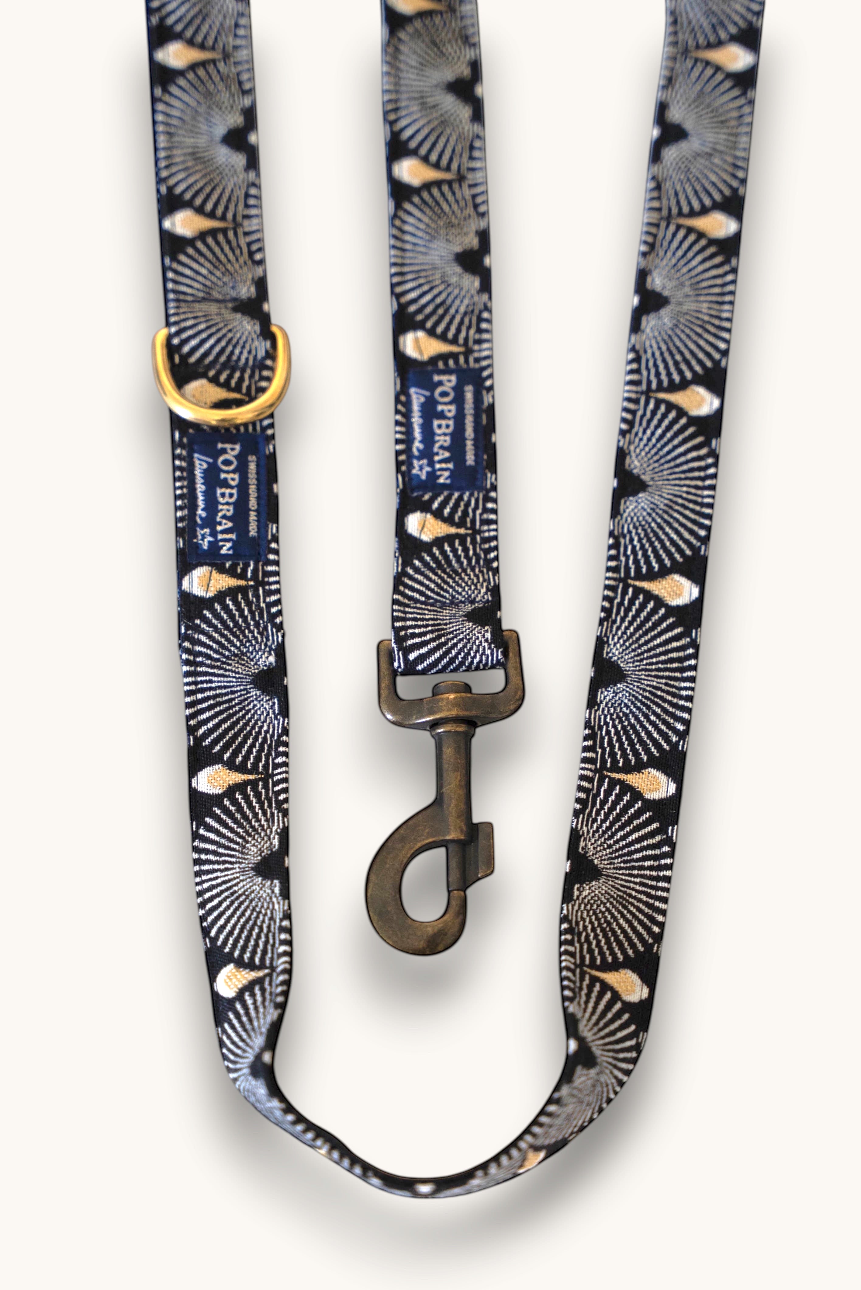 Popbrain Tokyo dog leash in black jacquard fabric with white and gold fan patterns and antique bronze hardware