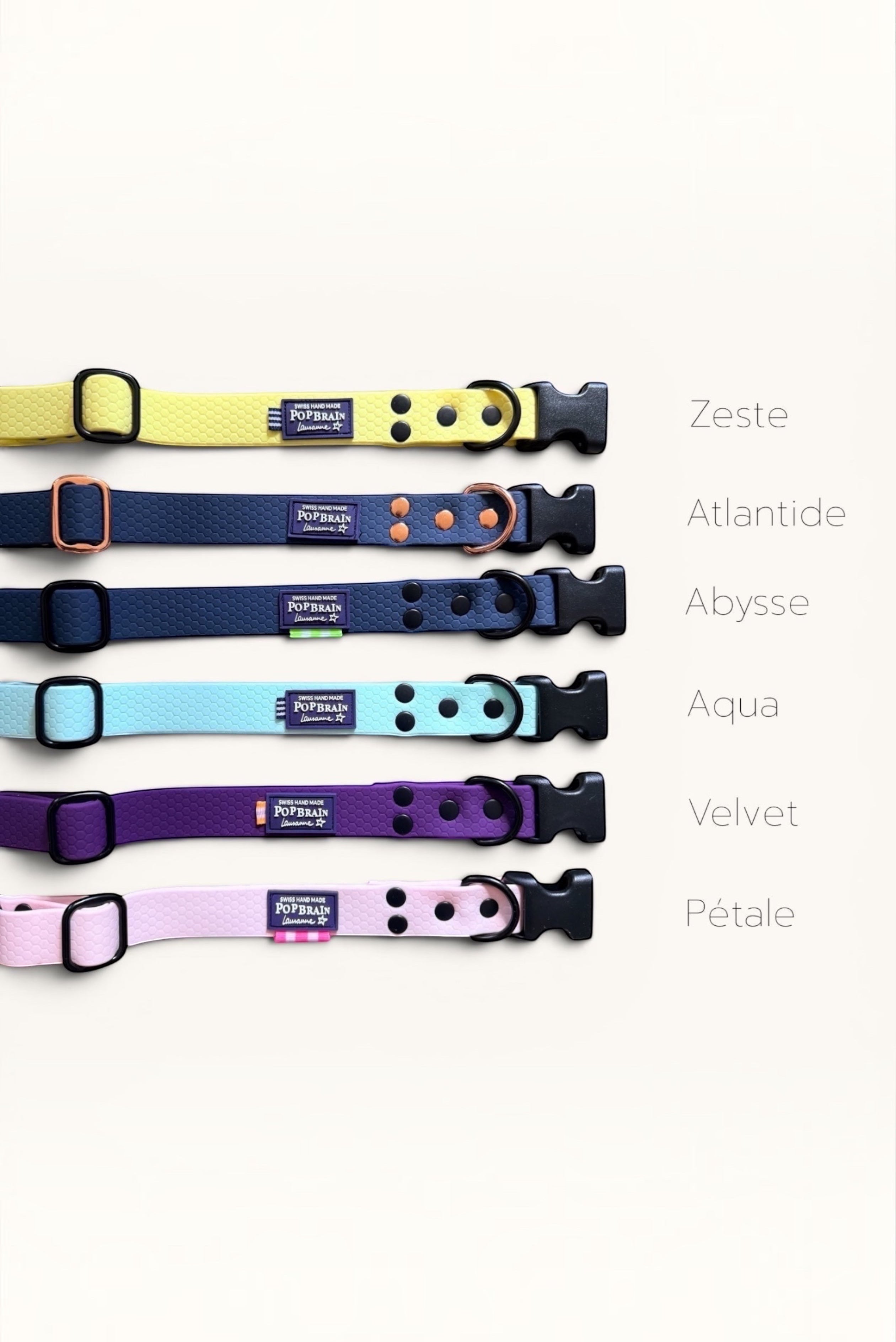 Popbrain waterproof PVC dog collars in various colours with honeycomb texture and matte black hardware