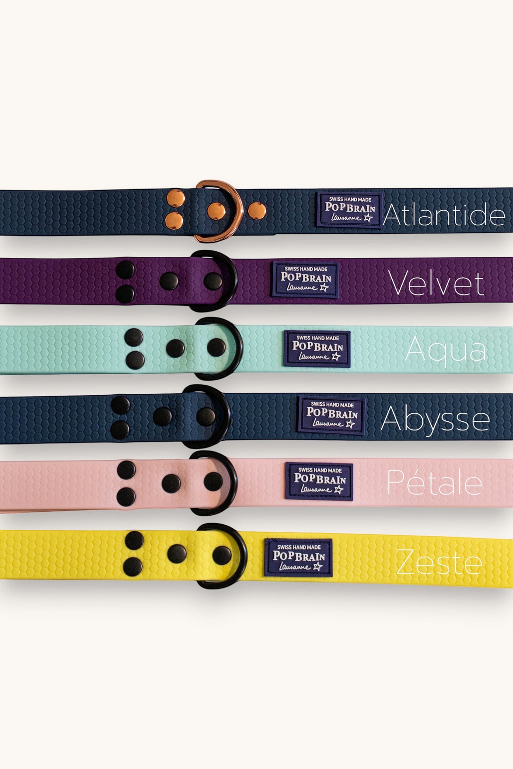 Popbrain waterproof PVC dog leashes in various colors with honeycomb texture and black matte hardware