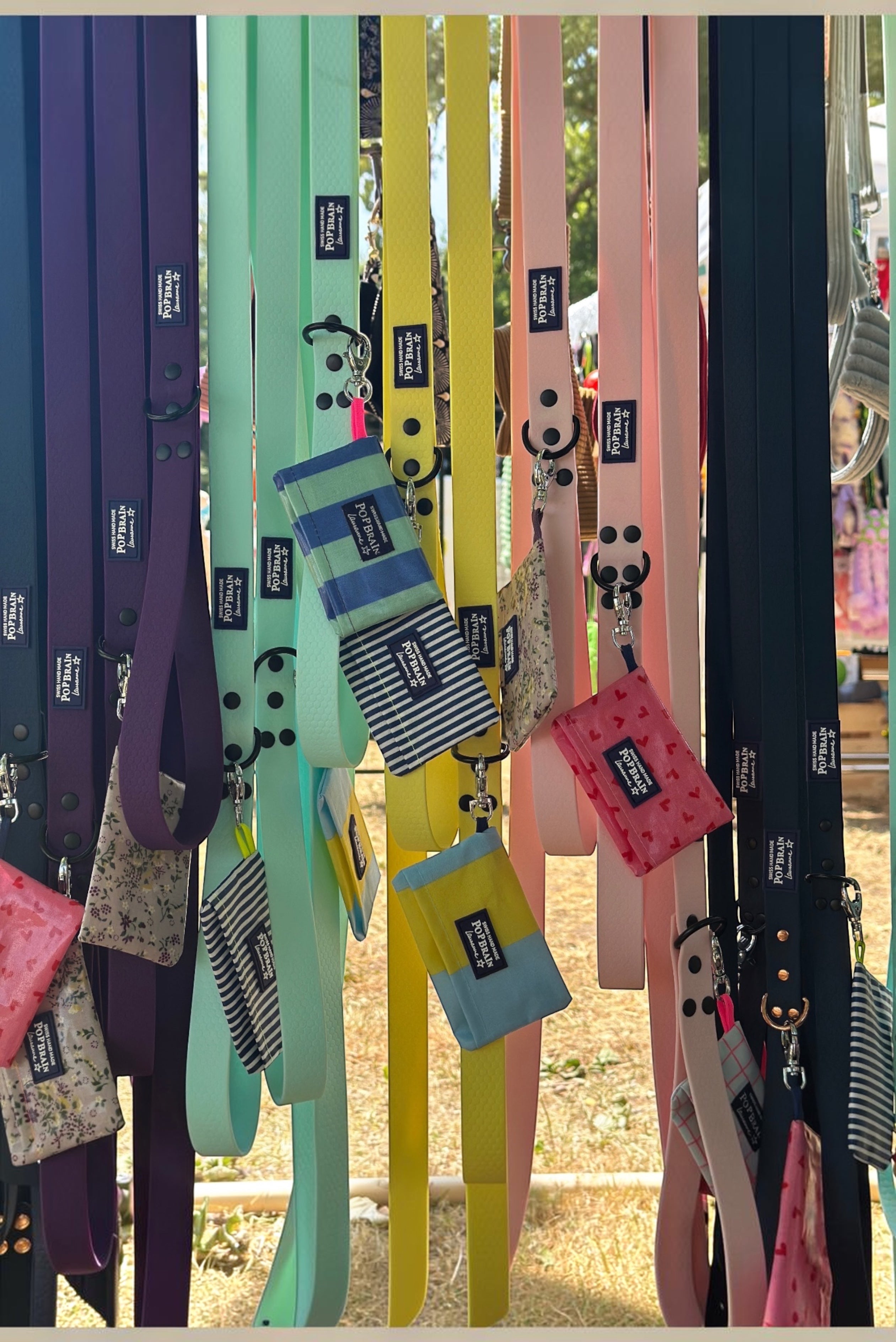 Popbrain waterproof PVC dog leashes in various bright colors with matte black hardware and matching treat pouches.
