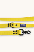 Popbrain yellow waterproof PVC dog leash with honeycomb texture, black matte hardware, and Swiss-made branding label.