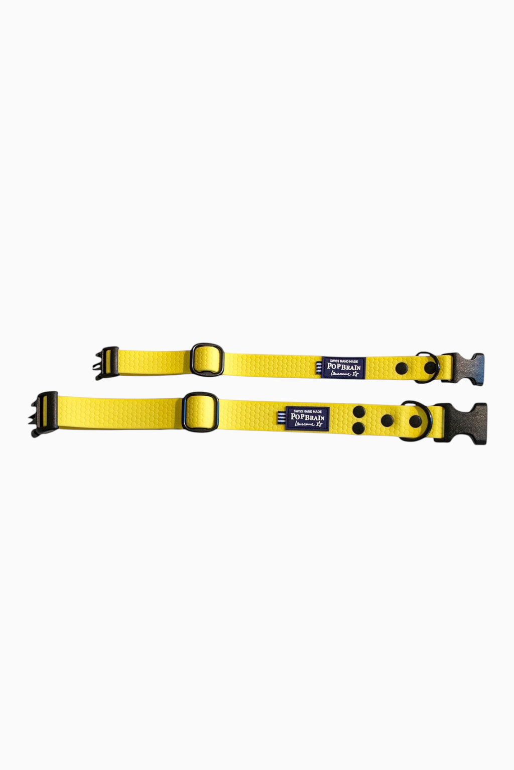 Popbrain yellow waterproof PVC dog collar with honeycomb texture, black matte hardware, and adjustable buckle.
